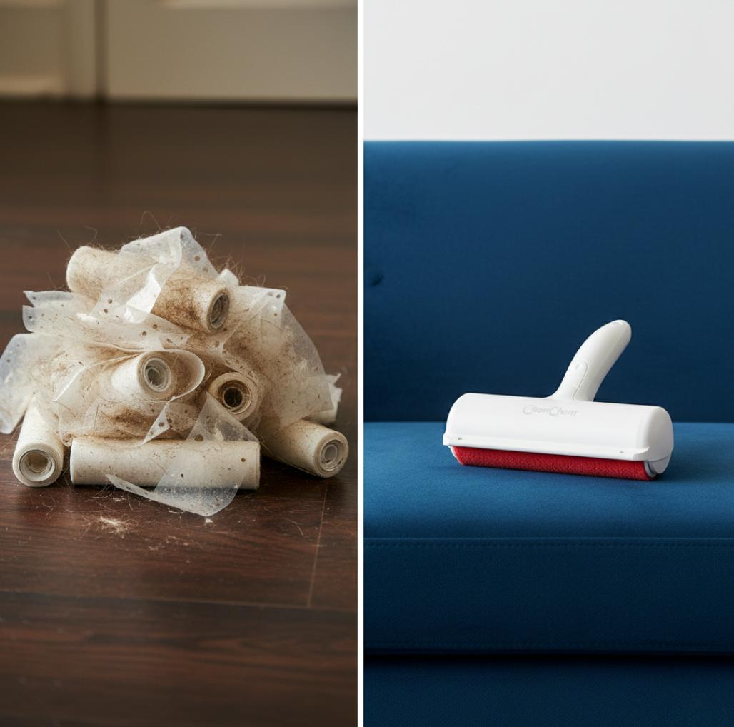 A split-screen comparison showing a messy pile of used, dirty adhesive lint sheets on the left, and a clean, white ChomChom Roller resting on a navy blue velvet sofa on the right.