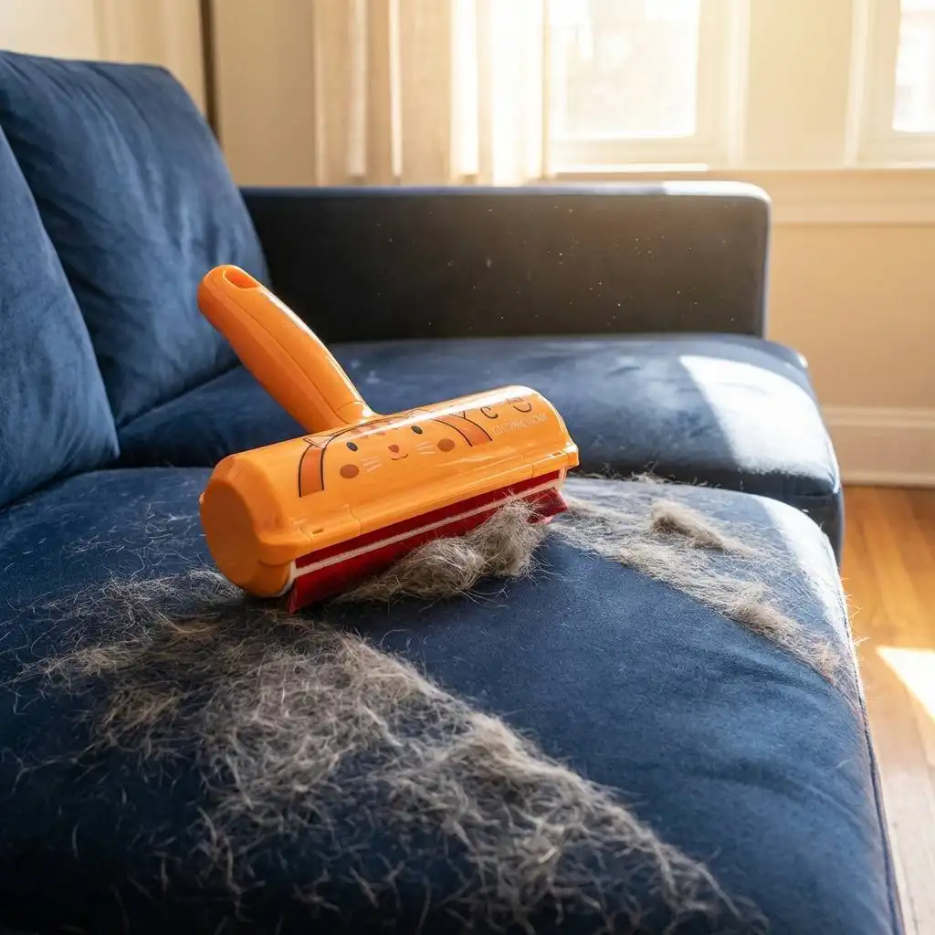Orange ChomChom pet hair remover on a navy blue velvet sofa, showing its red velvet strips after clearing a path through thick grey cat hair. Orange ChomChom pet hair remover on a navy blue velvet sofa, showing its red velvet strips after clearing a path through thick grey cat hair.
