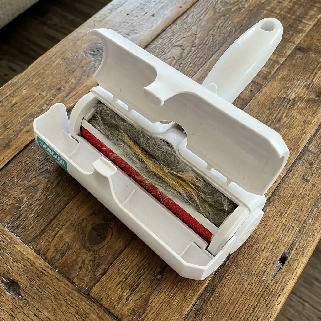 Open ChomChom Roller pet hair remover on a wooden table with its waste compartment revealing a dense bundle of grey and golden fur. Open ChomChom Roller pet hair remover on a wooden table with its waste compartment revealing a dense bundle of grey and golden fur.