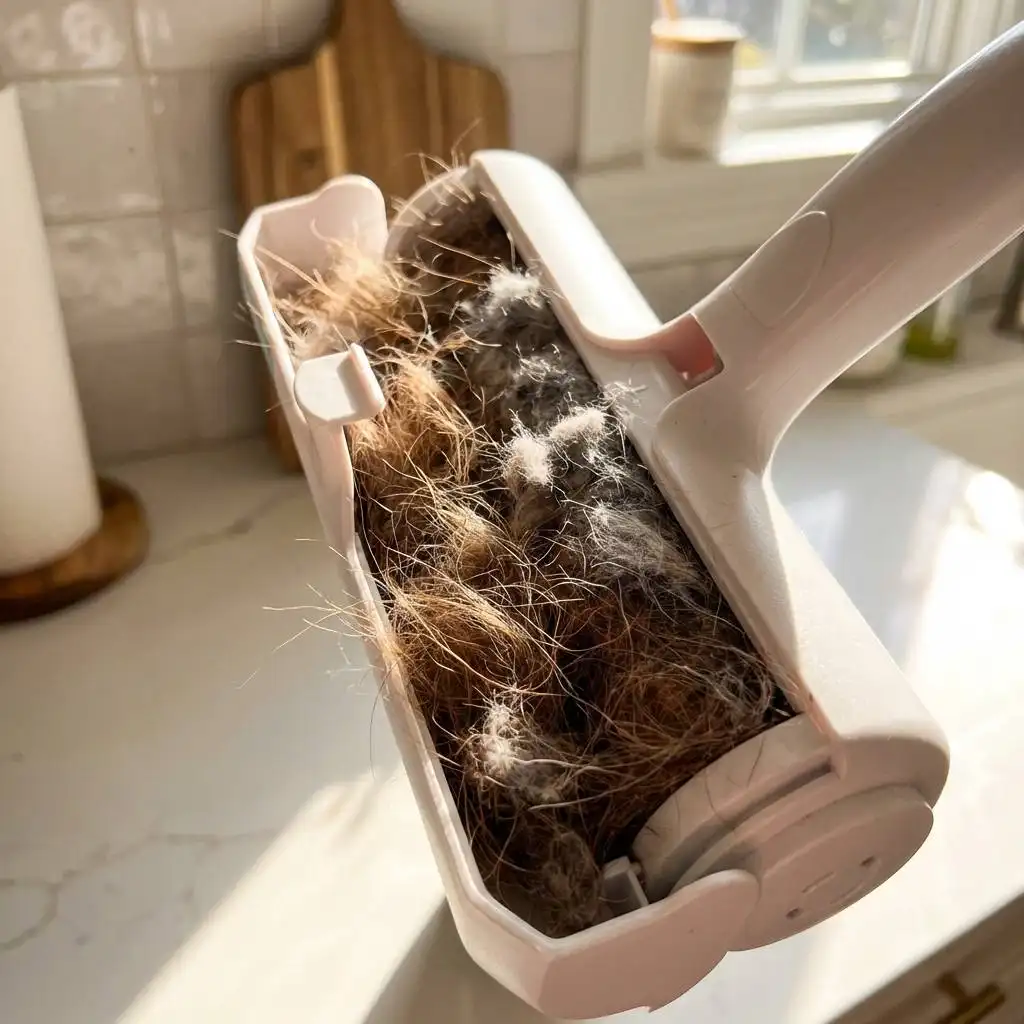 Brown dog hair and grey lint fill the open waste compartment of a white cleaning tool in a sunlit kitchen. Brown dog hair and grey lint fill the open waste compartment of a white cleaning tool in a sunlit kitchen.