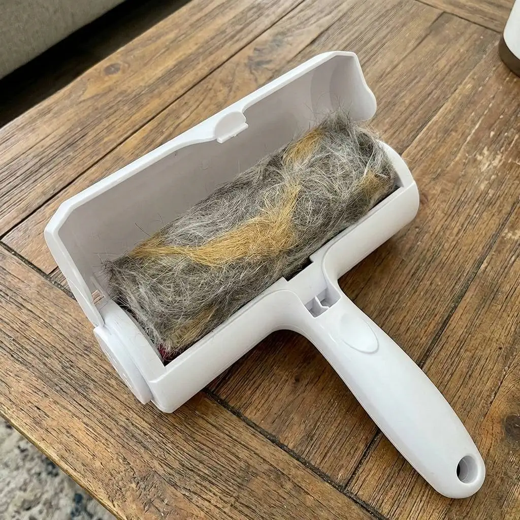 Pet hair remover tool on a wooden coffee table with an open compartment revealing a thick brick of collected gray and golden fur. Pet hair remover tool on a wooden coffee table with an open compartment revealing a thick brick of collected gray and golden fur.