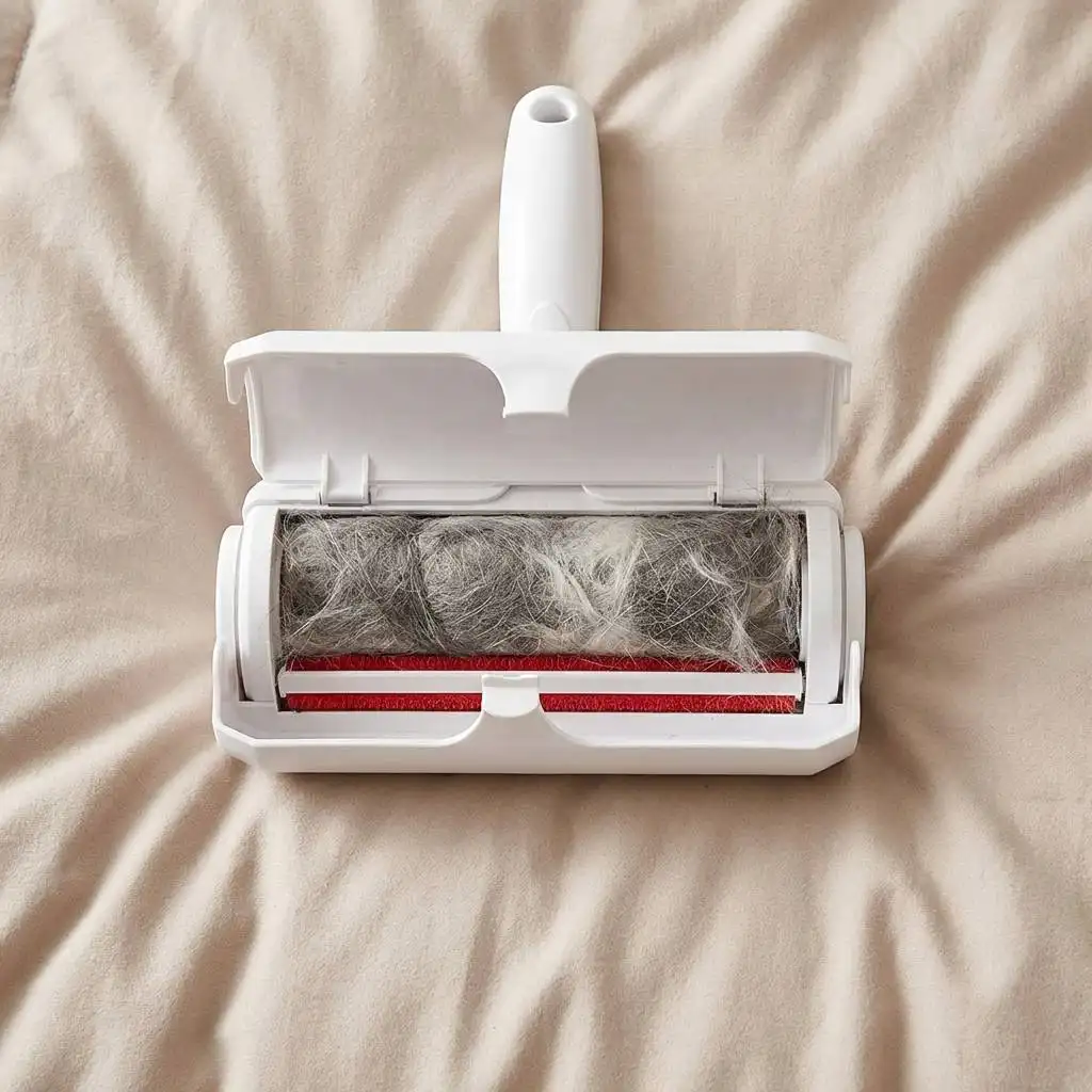 Pet hair remover tool on a beige duvet with its open waste compartment revealing a compressed cylinder of gray dog hair and white cat fur. Pet hair remover tool on a beige duvet with its open waste compartment revealing a compressed cylinder of gray dog hair and white cat fur.