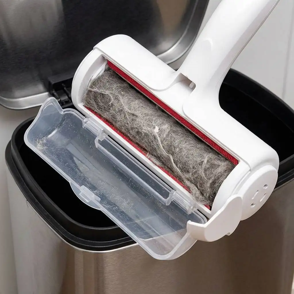 Vacuum waste compartment being emptied of a thick log of gray dog hair and dust into a stainless steel kitchen trash can. Vacuum waste compartment being emptied of a thick log of gray dog hair and dust into a stainless steel kitchen trash can.