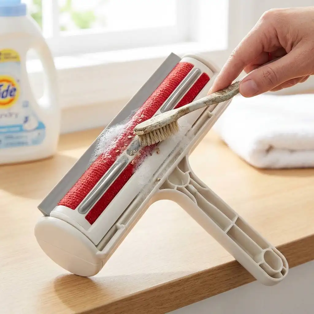 Cleaning a grey rubber squeegee blade between red velvet strips using a toothbrush on a bright laundry room counter. Cleaning a grey rubber squeegee blade between red velvet strips using a toothbrush on a bright laundry room counter.